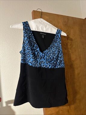 Blue Leopard Print & Black Sleeveless Dress Top
